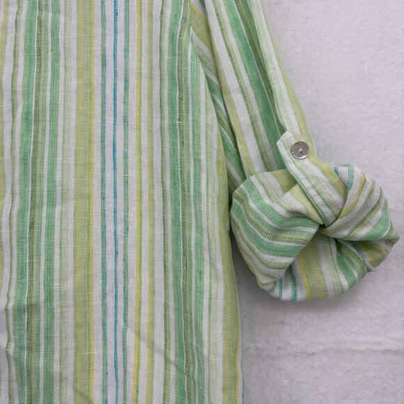Studio Works Linen Blouse Womens Size L Green Stripe Button Up Roll Tab Sleeves - Picture 6 of 11